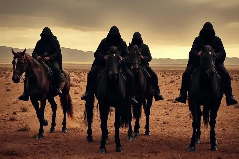 Four horsemen of communication riding in desert at sunset.